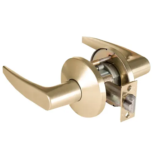 Grade 1 Exit Cylindrical Lock, Lost Motion, 16 Lever, L Rose, Non-Keyed, Satin Brass Finish, 2-3/4" ANSI Strike, Non-handed Satin Brass