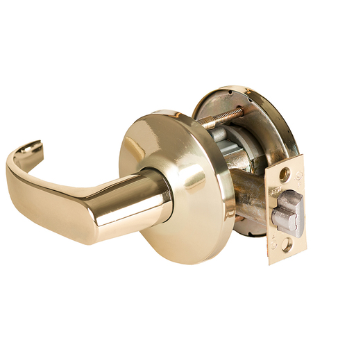 Grade 1 Closet Cylindrical Lock, Lost Motion, 14 Lever, L Rose, Non-Keyed, Bright Brass Finish, 2-3/4" ANSI Strike, Non-handed Bright Brass