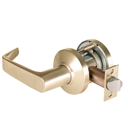 Grade 1 Closet Cylindrical Lock, Lost Motion, 15 Lever, C Rose, Non-Keyed, Satin Brass Finish, 4-7/8" ANSI Strike, Non-handed Satin Brass