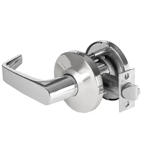 Grade 1 Exit Cylindrical Lock, Lost Motion, 15 Lever, L Rose, Non-Keyed, Bright Chrome Finish, 4-7/8" ANSI Strike, Non-handed Bright Chrome