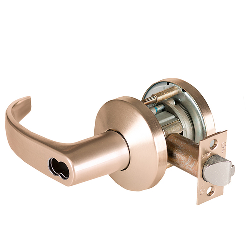 Grade 1 Exit Cylindrical Lock, Lost Motion, 14 Lever, K Rose, SFIC Less Core, Satin Bronze Finish, 4-7/8" ANSI Strike, Non-handed Satin Bronze