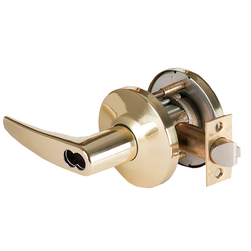 Grade 1 Closet/Storeroom Cylindrical Lock, Lost Motion, 16 Lever, L Rose, SFIC Less Core, Bright Brass Finish, 4-7/8" ANSI Strike, Non-handed Bright Brass