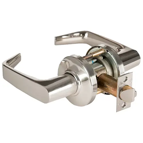 Grade 1 Exit Cylindrical Lock, Lost Motion, 15 Lever, C Rose, Non-Keyed, Bright Nickel Finish, 2-3/4" ANSI Strike, Non-handed Bright Nickel