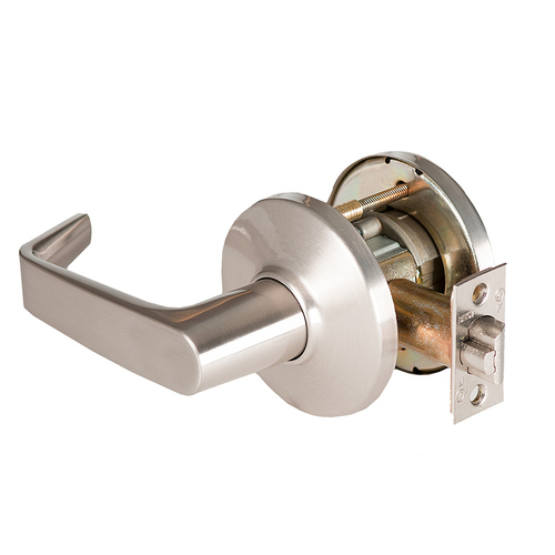 Grade 1 Closet Cylindrical Lock, Lost Motion, 15 Lever, D Rose, Non-Keyed, Satin Nickel Finish, 2-3/4" ANSI Strike, Non-handed Satin Nickel