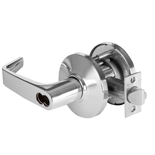 Grade 1 Closet/Storeroom Cylindrical Lock, Lost Motion, 15 Lever, D Rose, SFIC Less Core, Bright Chrome Finish, 2-3/4" ANSI Strike, Non-handed Bright Chrome