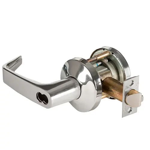 Grade 1 Exit Cylindrical Lock, Lost Motion, 15 Lever, K Rose, SFIC Less Core, Bright Chrome Finish, 4-7/8" ANSI Strike, Non-handed Bright Chrome