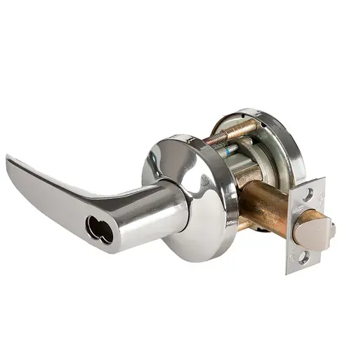 Grade 1 Special Cylindrical Lock, Lost Motion, 16 Lever, K Rose, SFIC Less Core, Bright Chrome Finish, 4-7/8" ANSI Strike, Non-handed Bright Chrome