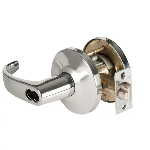 Grade 1 Closet/Storeroom Cylindrical Lock, Lost Motion, 14 Lever, L Rose, SFIC Less Core, Bright Chrome Finish, 2-3/4" ANSI Strike, Non-handed Bright Chrome