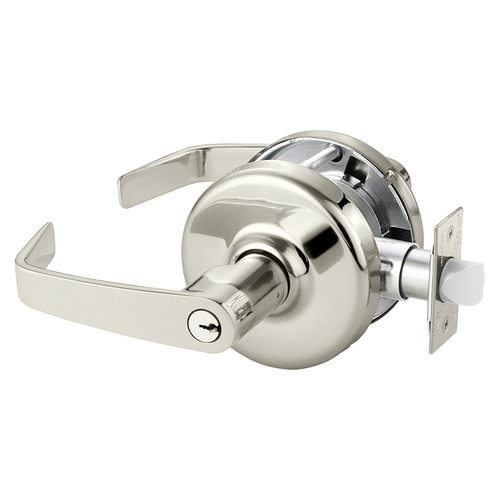 Grade 2 Classroom Cylindrical Lock, Newport Lever, Conventional Cylinder, Bright Nickel Plated Clear Coated Finish, Non-handed, 5" Backset Bright Nickel Plated Clear Coated