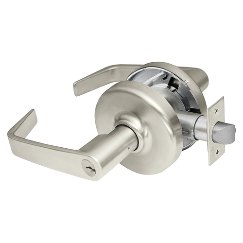 Grade 2 Storeroom or Closet Cylindrical Lock, Newport Lever, Conventional Cylinder, Satin Nickel Plated Clear Coated Finish, Non-handed, 3-3/4" Backset Satin Nickel Plated Clear Coated