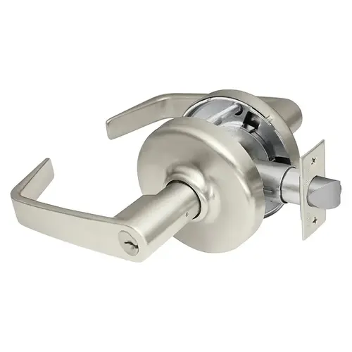 Grade 2 Storeroom or Closet Cylindrical Lock, Newport Lever, Conventional Cylinder, Satin Nickel Plated Clear Coated Finish, Non-handed, 5" Backset Satin Nickel Plated Clear Coated