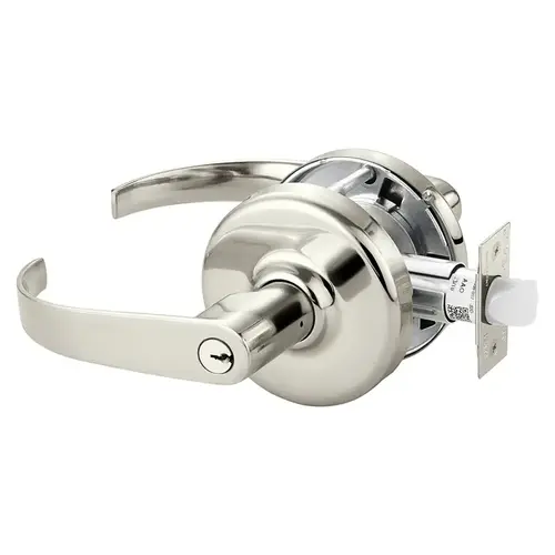 Grade 2 Storeroom or Closet Cylindrical Lock, Princeton Lever, Conventional Cylinder, Bright Nickel Plated Clear Coated Finish, Non-handed, 3-3/4" Backset Bright Nickel Plated Clear Coated