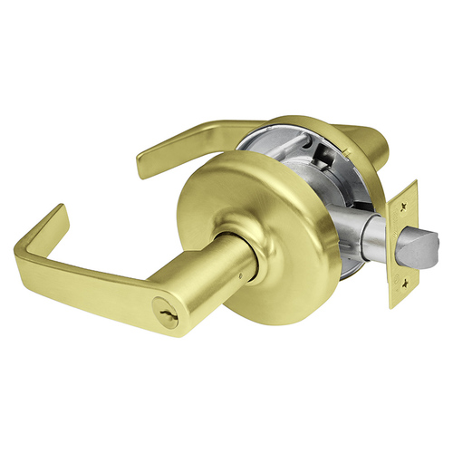 Grade 2 Classroom Cylindrical Lock, Newport Lever, Conventional Cylinder, Satin Brass Finish, Non-handed, 5" Backset Satin Brass