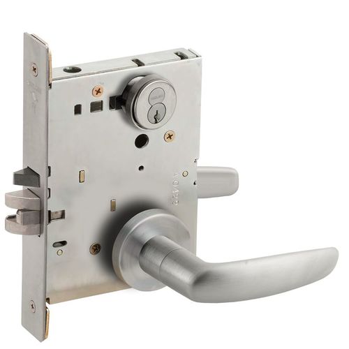 Entry / Office Mortise Lock with Large Format IC Less Core with 07 Lever and A Rose with Large ADA Thumbturn Satin Chrome Finish