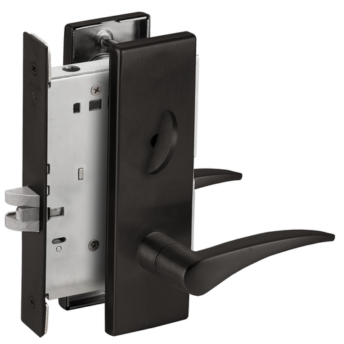 Right Hand Bed / Bath Privacy Mortise Lock with 12 Lever and N Escutcheon Matte Black Finish