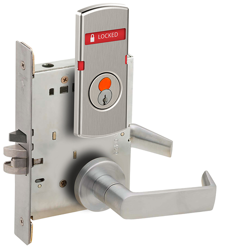 Entry / Office Mortise Lock Temp Cylinder with 06 Lever and A Rose with Outside Locked / Unlocked Indicator Satin Chrome Finish