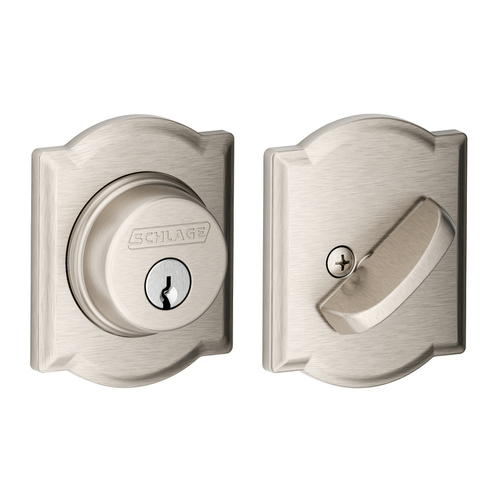 Grade 1 Single Cylinder Deadbolt, Collins Trim, Conventional Cylinder, Triple Option Latch, Round Corner Strike with Reinforcer, Keyed Alike, Satin Nickel Plated Clear Coated Satin Nickel Plated Clear Coated