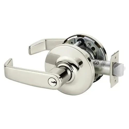 Grade 1 Classroom Security Intruder Cylindrical Lock, L Lever, Conventional Cylinder, Bright Nickel Plated Clear Coated Finish, Not Handed Bright Nickel Plated Clear Coated