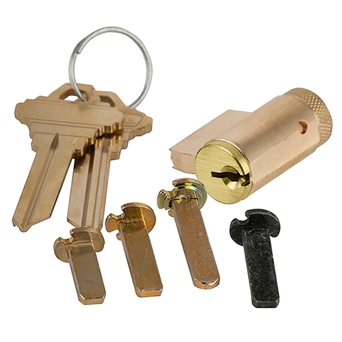 Key-In-Lever Cylinder, Universal, Schlage Style, 6-Pin, Schlage C Keyway,  0-Bitted, 2-Key Blank, Solid Brass, Satin Brass, With Screw-On End Cap