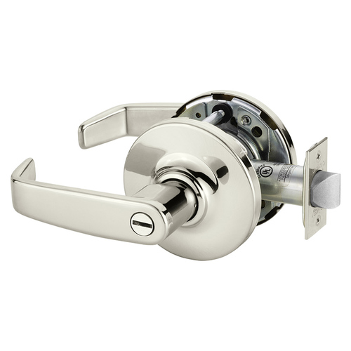 Grade 1 Privacy Bathroom Cylindrical Lock, L Lever, Non-Keyed, Bright Nickel Plated Clear Coated Finish, Not Handed Bright Nickel Plated Clear Coated