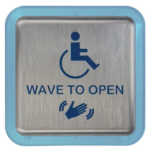 Short-Range Touchless Actuator, 4-3/4 In Square Plate, Text, Handicap & Wave Logos, Adjustable up to 4 In., 12-24 VAC/DC, Satin Stainless Steel Satin Stainless Steel
