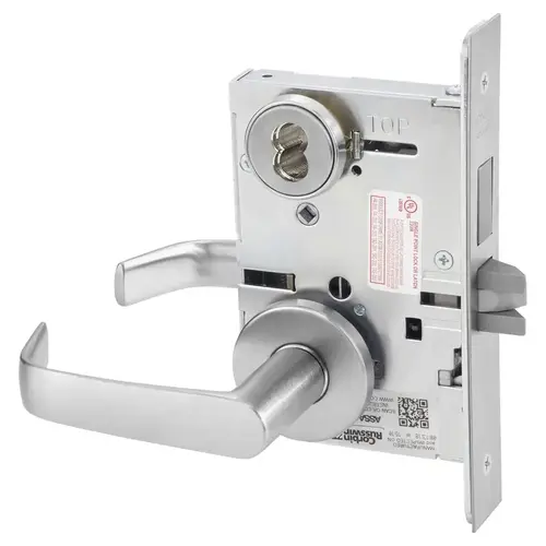 KIT - Dormitory Mortise Lock with Deadbolt, Newport Lever with A Rose Trim, LFIC 6-Pin Large Format Interchangeable Core Mortise Housing, A01 Clover Cam, Less IC Core, Handing is Field Reversible, ANSI Strike SS118, 626/US26D Satin Chrome