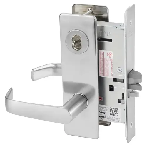 KIT - Classroom Intruder Mortise Lock, Newport Lever with M Escutcheon Trim, 2 Each LFIC 6-Pin Large Format Interchangeable Core Mortise Housing, A01 Clover Cam, Less IC Cores, Handing is Field Reversible, ANSI Strike SS118, 626/US26D Satin Chrome