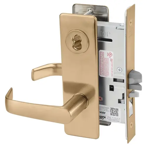 KIT - Entry or Office Mortise Lock with Toggle, Newport Lever with M Escutcheon Trim, LFIC 6-Pin Large Format Interchangeable Core Mortise Housing, A01 Clover Cam, Less IC Core, Handing is Field Reversible, ANSI Strike SS118, 612/US10 Satin Bronze