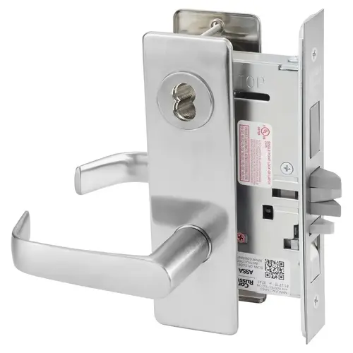 KIT - Apartment Mortise Lock with Deadbolt & Toggle, Newport Lever with M Escutcheon Trim, LFIC 6-Pin Large Format Interchangeable Core Mortise Housing, A01 Clover Cam, Less IC Core, Handing is Field Reversible, ANSI Strike SS118, 626/US26D Satin Chrome