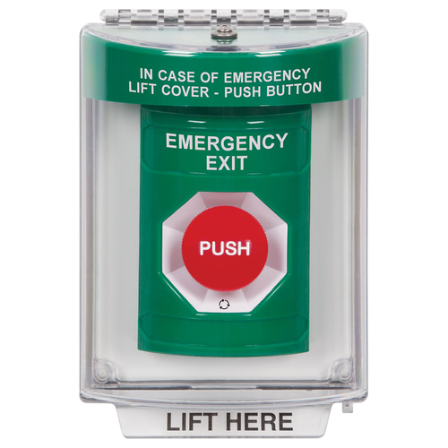 Stopper Station, Green, Flush Cover, Universal Stopper, Horn, Turn-to-Reset, "EMERGENCY EXIT"English