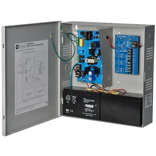 Supervised Power Supply/Charger, 115VAC 50/60Hz at 0.95A or 230VAC 50/60Hz at 0.5A Input, 4 PTC Protected Outputs 12/24VDC at 4A, 2.5A Max per Output, Grey Enclosure