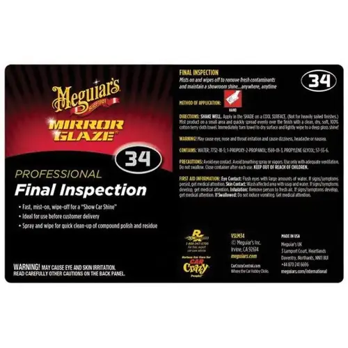 Meguiar's VSLM34 Self-Stick Secondary Label, Legend: Final Inspection, Use With: Bottle