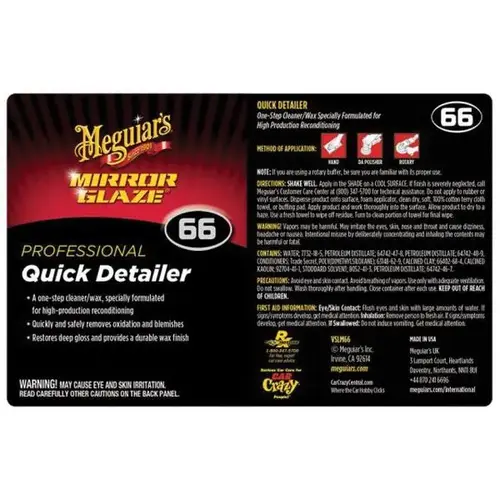 Meguiar's VSLM66 Secondary Label, Legend: Professional Quick Detailer, Use With: Bottle