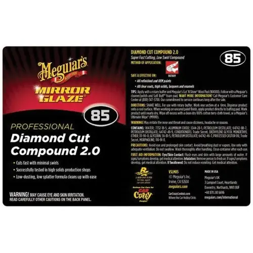 Meguiar's VSLM85 Secondary Label, Legend: Professional Diamond Cut Compound 2.0, Use With: Bottle