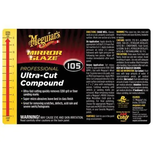 Meguiar's VSLM105 Secondary Label, Legend: Mirror Glaze Professional Ultra-cut Compound #105, Use With: Bottle