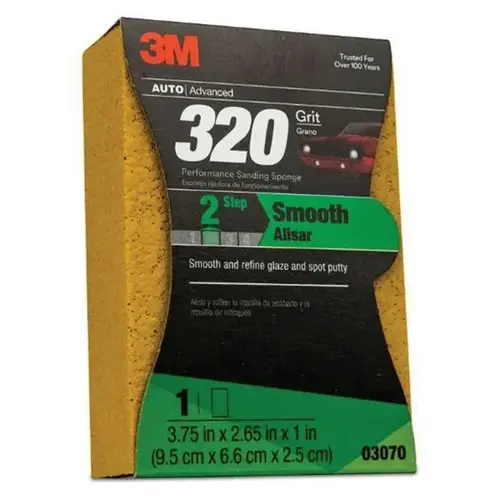 3M 3070 0 Performance Sanding Sponge, 3-3/4 in W x 2-5/8 in L, 1 in THK, 320 Grit, Fine Grade, Yellow Color