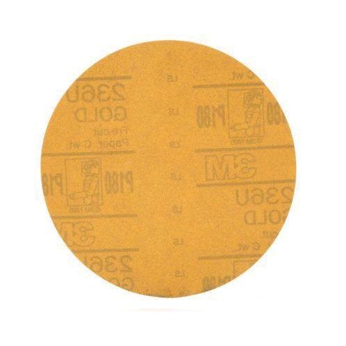 00979 236U Series Abrasive Disc, 6 in Dia, P180 Grit, Hook and Loop, Gold