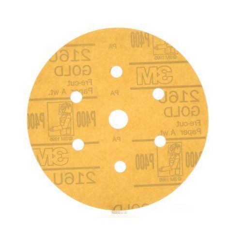 0 216U Series Dust Free Abrasive Disc, 6 in Dia, P400 Grit, Hook and Loop, Gold