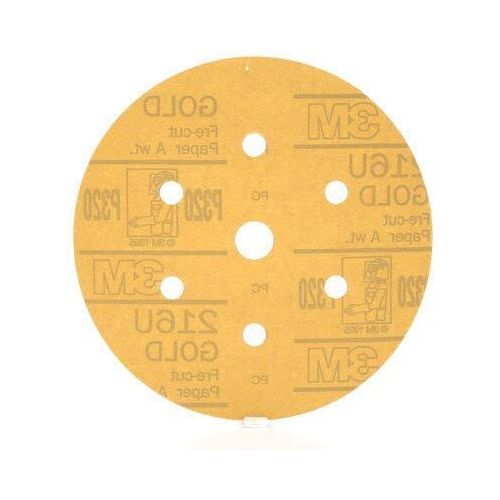 216U Series Dust Free Abrasive Disc, 6 in Dia, P320 Grit, Hook and Loop, Gold