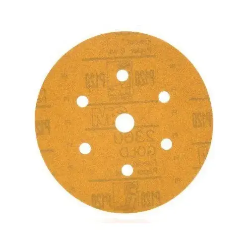 0 236U Series Dust Free Abrasive Disc, 6 in Dia, P120 Grit, Hook and Loop, Gold