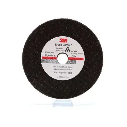 Green Corps 1988 0 Cut-Off Wheel, 3 in Dia x 1/16 in THK Wheel, 3/8 in Center Hole, Aluminum Oxide Abrasive Black