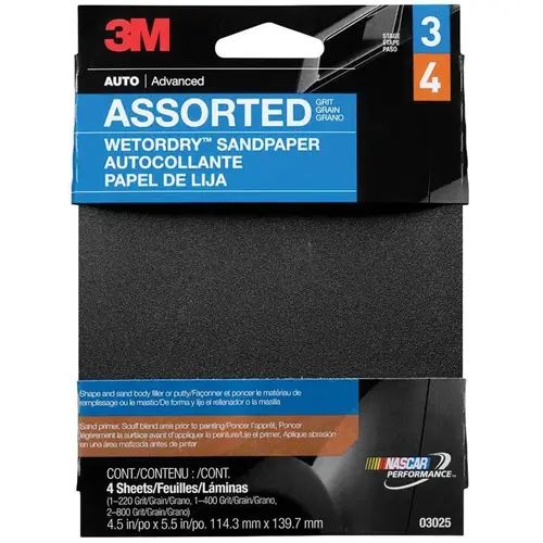 Sandpaper, 4-1/2 W x 5-1/2 in L, 220/400/800 Grit, Aluminum Oxide Abrasive, Wet/Dry