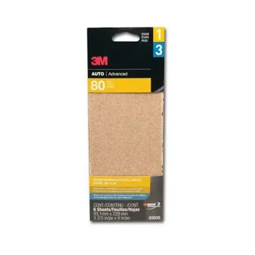 Sandpaper, 3-2/3 in W x 9 in L, 80 Grit, Aluminum Oxide Abrasive, Brown, Dry