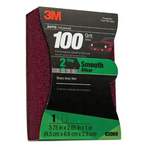 3M 3069 0 Performance Soft Sanding Sponge, 3-3/4 in W x 2-5/8 in L, 1 in THK, 100 Grit, Medium Grade, Red Color