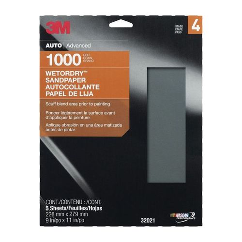 Sandpaper, 9 in W x 11 in L, 1000 Grit, Aluminum Oxide Abrasive, Gray, Wet/Dry