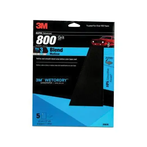 Sandpaper, 9 in W x 11 in L, 800 Grit, Aluminum Oxide Abrasive, Black, Wet/Dry