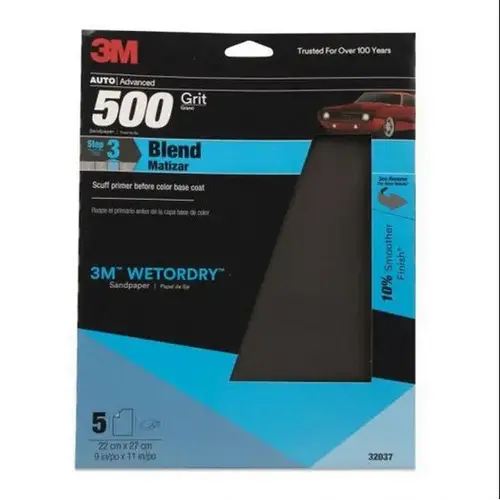 Sandpaper, 3-2/3 in W x 11 in L, 600 Grit, Aluminum Oxide Abrasive, Black, Wet/Dry