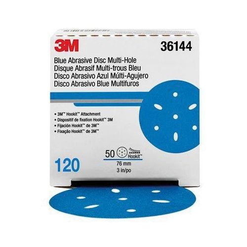 321U Series Multi-Hole Abrasive Disc, 3 in Dia, 120 Grit, Hook and Loop, Blue