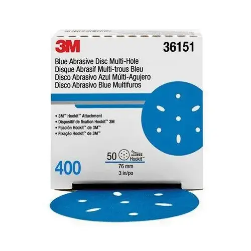 321U Series Multi-Hole Abrasive Disc, 3 in Dia, 400 Grit, Hook and Loop, Blue