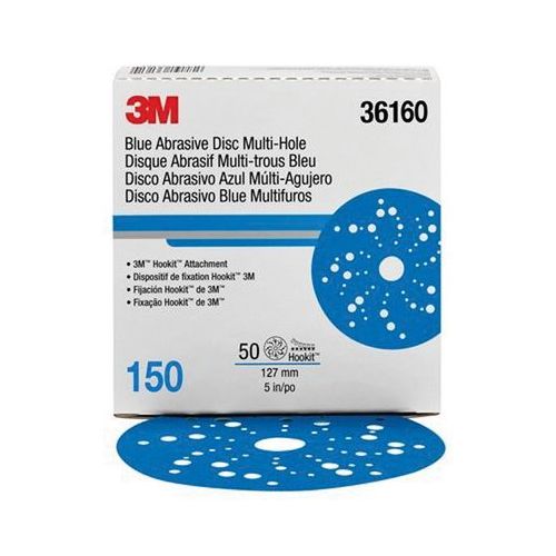 321U Series Multi-Hole Abrasive Disc, 5 in Dia, 150 Grit, Hook and Loop, Blue